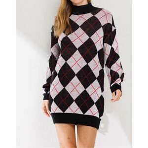 Black Red Argyle tunic sweater dress